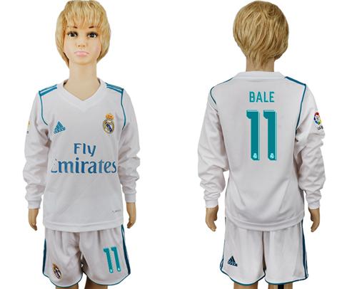 Real Madrid #11 Bale Home Long Sleeves Kid Soccer Club Jersey - Click Image to Close